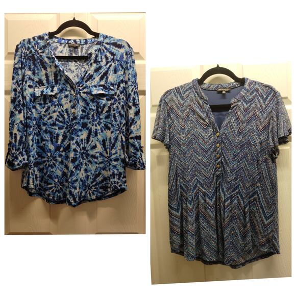 Lot of 2 Ava & Grace Women's Size Petite Large PL Blue Abstract Popover Tops - Picture 1 of 8